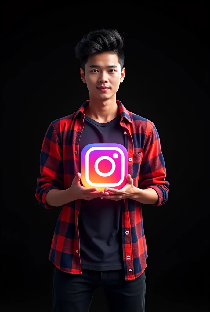 logo 3D, a handsome 25-year-old youth,With black hair, wearing a checkered shirt and t-shirt, holding a glowing Instagram logo, underneath is the text “Kon Murshid ?” Indonesian text with perfect spelling, hyperrealistic, black background