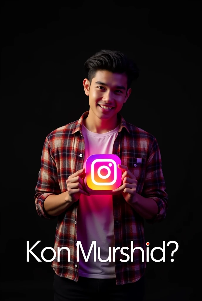 logo 3D, a handsome 25-year-old youth,With black hair, wearing a checkered shirt and t-shirt, holding a glowing Instagram logo, underneath is the text “Kon Murshid ?” Indonesian text with perfect spelling, hyperrealistic, black background