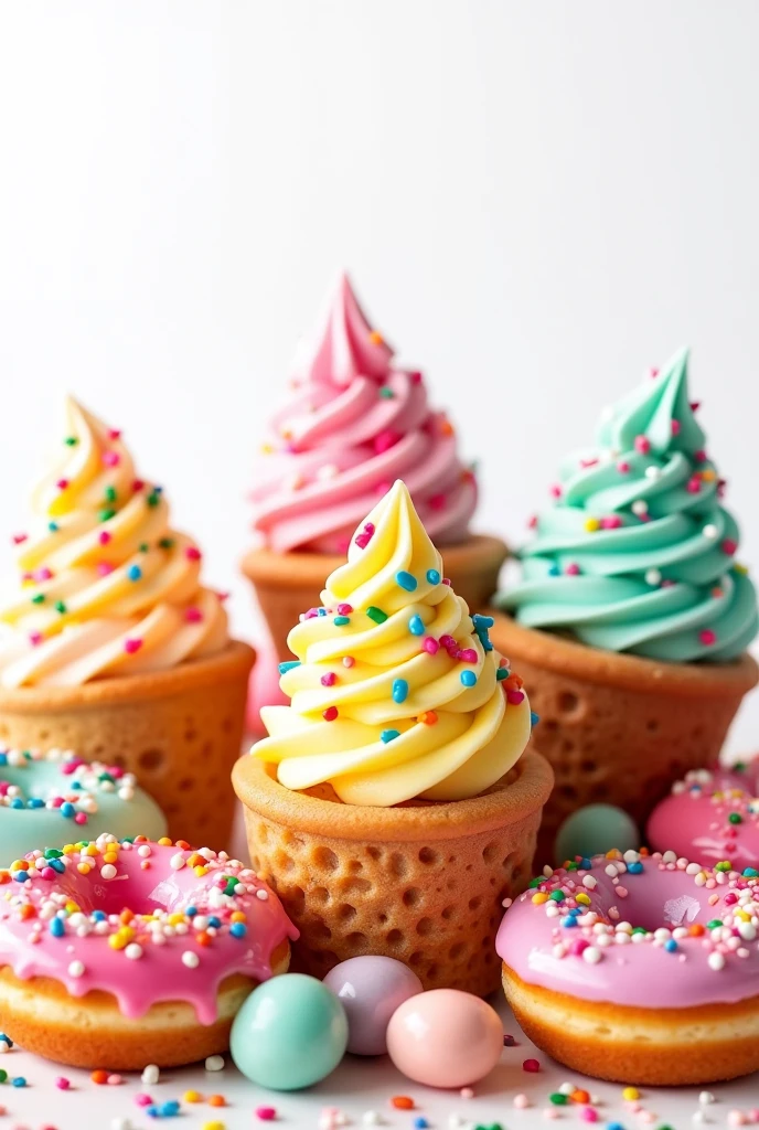 ice cream picture, many donuts, popsicle ice creams, pods with white background