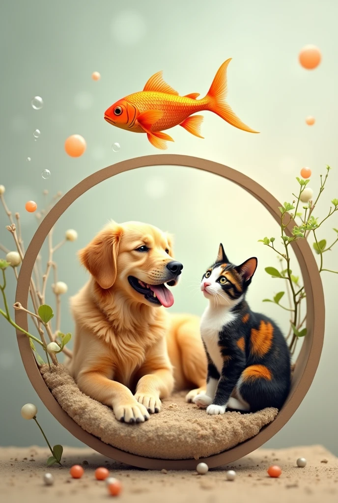 Circle inside mini house left side dog and right side cat , top fish