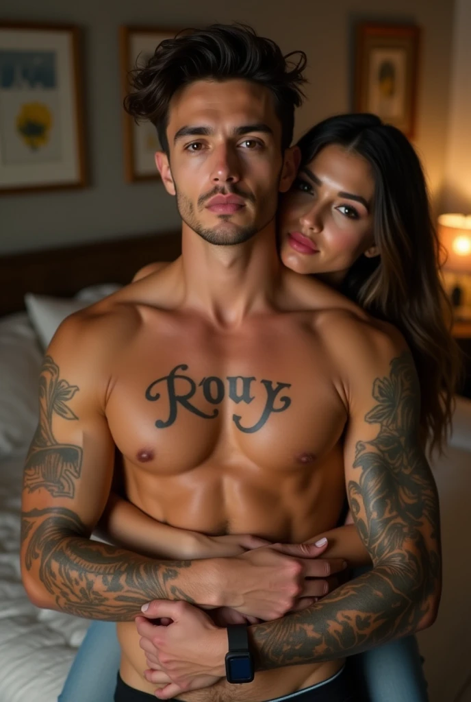 a young muscular man AI high quality tattoo with name ruy tanned skin piercing gaze pink mouth with bedroom background with woman hugging realistic