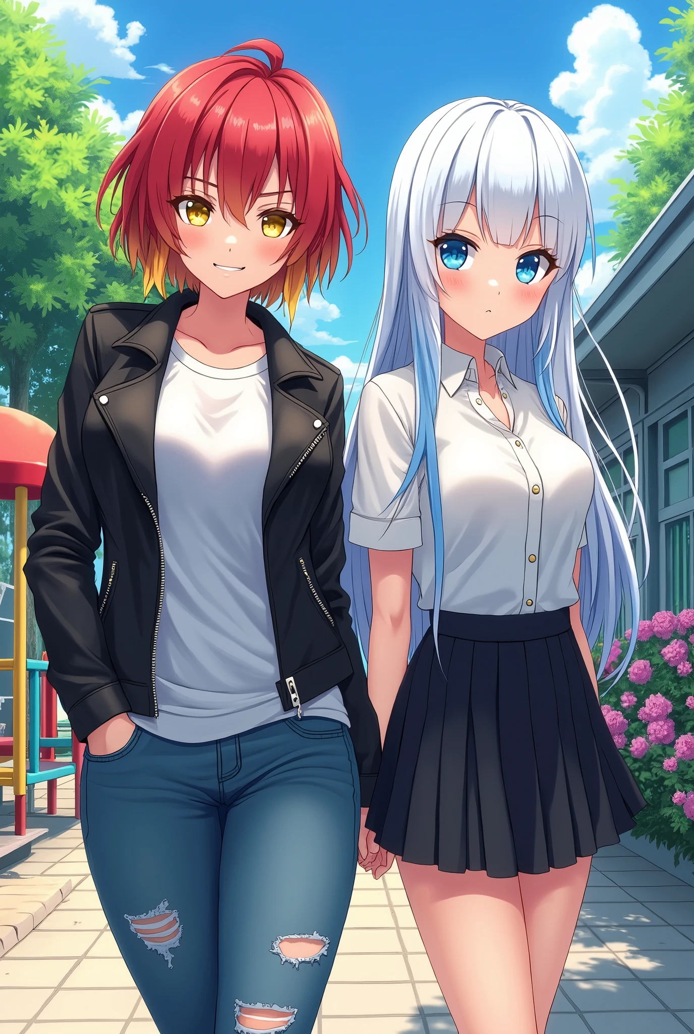 2 girls, school yard, BREAK (masterpiece:1.2), best quality, high resolution, unity 8k wallpaper, (illustration:0.8), (beautiful detailed eyes:1.0), extremely detailed face, perfect lighting, extremely detailed CG, (perfect hands, perfect anatomy), (1 girl, curvy, sexy with short red hair and yellow streaks, yellow eyes, black leather jacket, white t-shirt, torn jeans, mischievous smile), (1 girl, curvy, sexy with long white hair with blue streaks, light blue eyes, white blouse, black pleated skirt, emotionless face), anime style