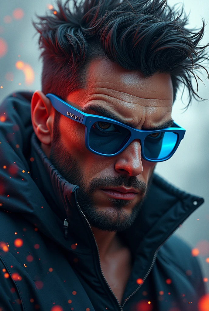 A  male with dark brown eyes, with broken hair, thick lips, high, thin and with angry expression, put on  blue oakley glasses,3d render