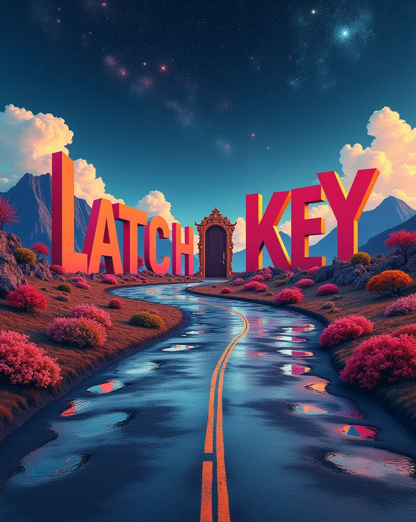 There may be giant letters on the road: The letters of the word "THE LATCH KEY" could extend along the road, forming part of the landscape. They could be three-dimensional or embedded in the asphalt..Dimensional doors: Somewhere along the road, A door may appear that opens to another world or dimension, revealing completely different landscapes.Puddles of ink: Instead of puddles of water, Imagine puddles of black ink reflecting the starry sky in a distorted way. This would add a mysterious and dreamlike touch to the scene..