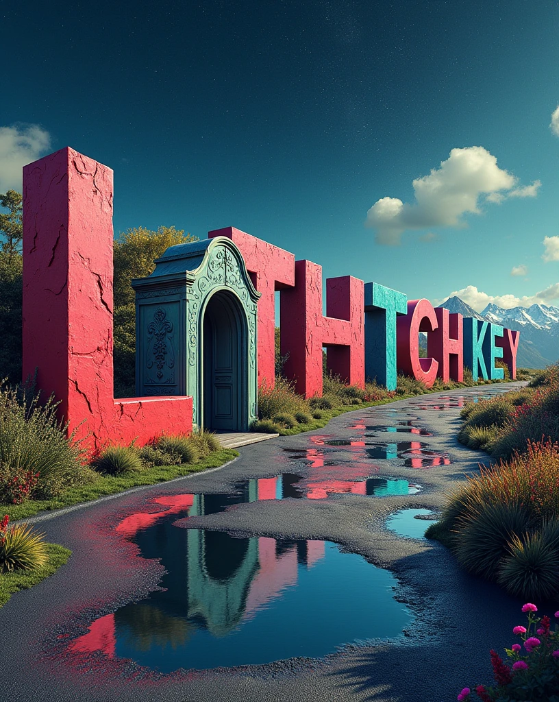 There may be giant letters on the road: The letters of the word "THE LATCH KEY" could extend along the road, forming part of the landscape. They could be three-dimensional or embedded in the asphalt..Dimensional doors: Somewhere along the road, A door may appear that opens to another world or dimension, revealing completely different landscapes.Puddles of ink: Instead of puddles of water, Imagine puddles of black ink reflecting the starry sky in a distorted way. This would add a mysterious and dreamlike touch to the scene..