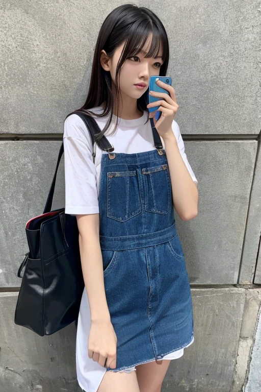 Highest quality、masterpiece、High sensitivity、High resolution、Detailed Description、Slender women、on the road、While playing with a cell phone、Carrying a big bag、Leaning against the wall、Are standing、