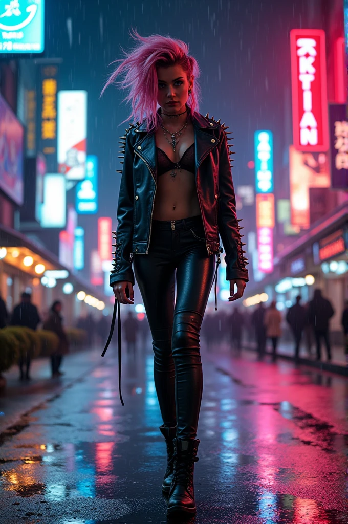 Punk girl walks through the wet streets of a city at night. Neon signs can be seen on buildings .