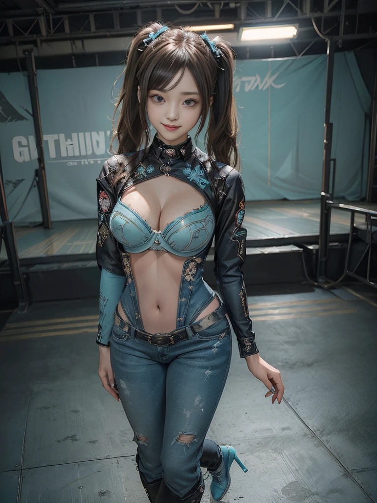 (Full Body View:1.3)、(Side view:1.2)、(Smiling with teeth showing:1.3),(Shibuya Gal:1.5)、(Goth Style Fashion:1.5)、(Maid cafe style:1.5)、(Wearing a rhythmic gymnastics bodysuit with intricate details:1.4)、(Racing suit and pants with intricate turquoise, denim and charcoal decorations:1.5)、(Denim and light blue and turquoise boots:1.3)、((belt))、(Numerous delicate logo marks all over the costume:1.4)、(collar:1.3)、(Polka dot underwear:1.5)、20-year-old、NSFW、((Highest quality、In 8K、masterpiece:1.3))、Sharp focus:1.2、(Layered Cut、Huge boobs:1.1),Beautiful woman with perfect figure:1.4、(doing a gravure pose:1.3)、Slender Abs:1.2、Highly detailed face and skin texture、Detailed eyes、double eyelid,(Twin tails:1.3)、(Brown-golden hair:1.3)、Gravure idol、(The background is the stage of the fashion show:1.3)、(Slim Body:1.3),(Make your legs thinner:1.4),（clavicle:1.1）