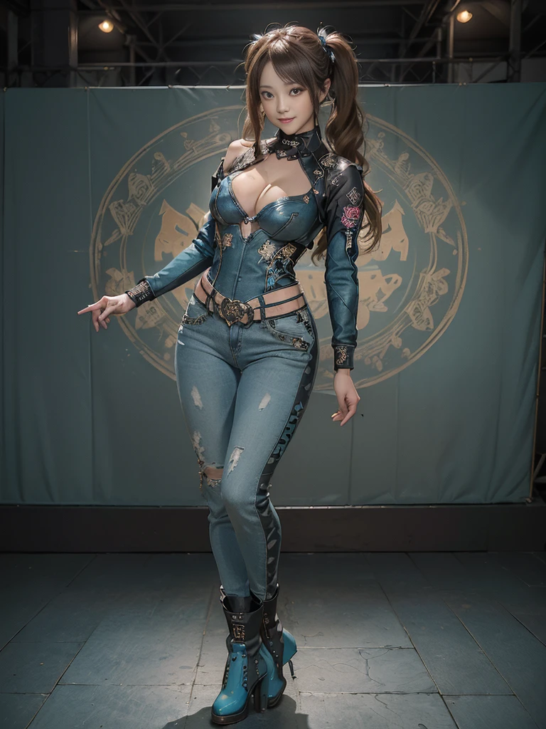 (Full Body View:1.3)、(Side view:1.2)、(Smiling with teeth showing:1.3),(Shibuya Gal:1.5)、(Goth Style Fashion:1.5)、(Maid cafe style:1.5)、(Wearing a rhythmic gymnastics bodysuit with intricate details:1.4)、(Racing suit and pants with intricate turquoise, denim and charcoal decorations:1.5)、(Denim and light blue and turquoise boots:1.3)、((belt))、(Numerous delicate logo marks all over the costume:1.4)、(collar:1.3)、(Polka dot underwear:1.5)、20-year-old、NSFW、((Highest quality、In 8K、masterpiece:1.3))、Sharp focus:1.2、(Layered Cut、Huge boobs:1.1),Beautiful woman with perfect figure:1.4、(doing a gravure pose:1.3)、Slender Abs:1.2、Highly detailed face and skin texture、Detailed eyes、double eyelid,(Twin tails:1.3)、(Brown-golden hair:1.3)、Gravure idol、(The background is the stage of the fashion show:1.3)、(Slim Body:1.3),(Make your legs thinner:1.4),(clavicle:1.1)