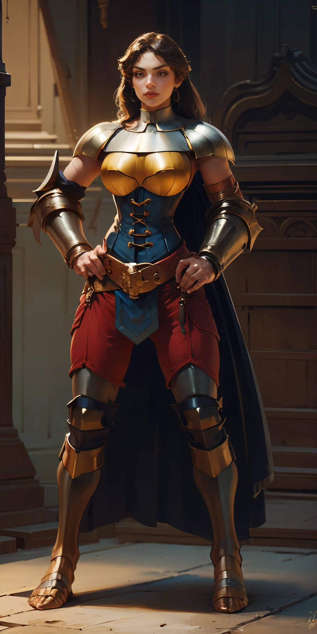 full body, whole body. 1solo (girl). slave fighter, loincloth standing, hands on hips, metal sandals, leather choker and corset, big belt, view from below, feet together, bracers, tiara)