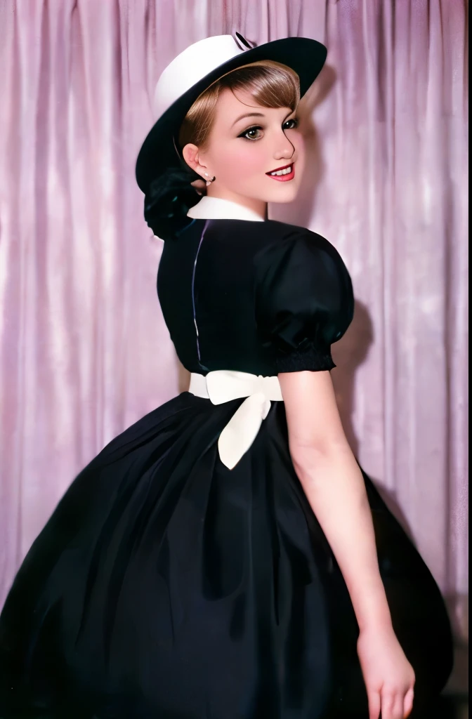 arafed woman in a white hat and black dress with a black bow, in costume, by Stan Galli, by Kurt Seligmann, “ painting, by Allan Linder, by Earle Bergey, old hollywood, by Carl Eytel, by Cecil Beaton, by Hans Schwarz, vintage movie shot, circa 1940s, vintage color photo