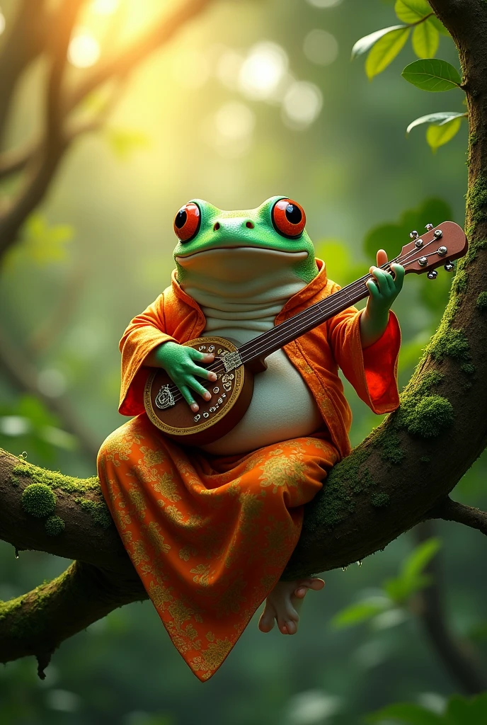 On a branch in the rainforest,Morning dew sparkles,A fat tree frog playing the biwa,The frog is wearing an orange Chinese dress,Ultra-realistic,high resolution,It's on a branch
