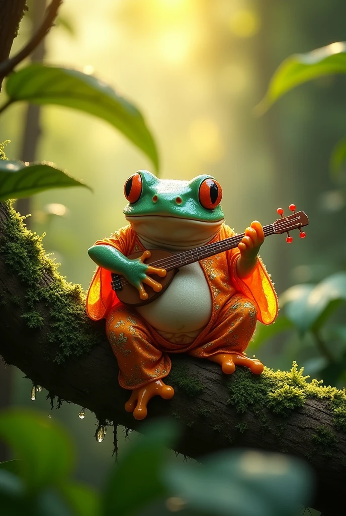 On a branch in the rainforest，Morning dew sparkles，A fat tree frog playing the biwa，The frog is wearing an orange Chinese dress，Ultra-realistic，high resolution，It&#39;s on a branch