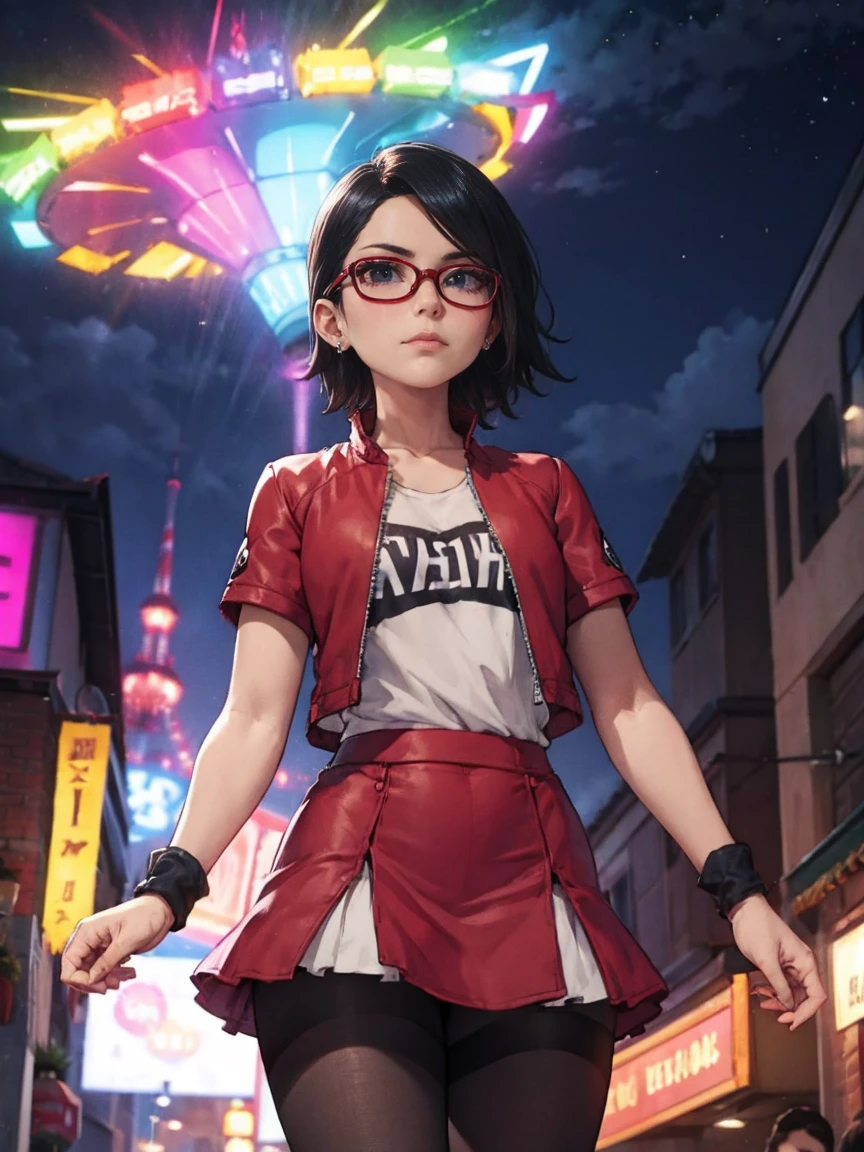 Sarada Uchiha with short hair, black eyes, wearing red glasses, she is wearing earrings and strings. She is dressed like a punk rocker. ( She is wearing a white t-shirt with a rock band print, a pink skirt and a leather jacket with tattoos, pantyhose ), ( and is riding in a brightly lit amusement park on a starry night ), ((( parading, standing )))