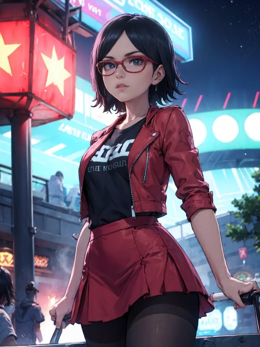 Sarada Uchiha with short hair, black eyes, wearing red glasses, she is wearing earrings and strings. She is dressed like a punk rocker. ( She is wearing a white t-shirt with a rock band print, a pink skirt and a leather jacket with tattoos, pantyhose ), ( and is riding in a brightly lit amusement park on a starry night ), ((( parading, standing )))