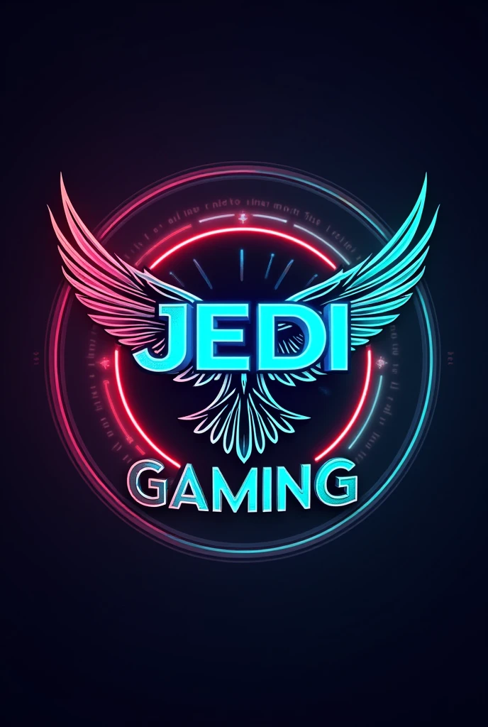 Make a YouTube logo of 800 × 800 pixels 
Add text of 'JEDI GAMING'
Add eagle and some neon
Make some more like this
Make it round
Add some different colours 