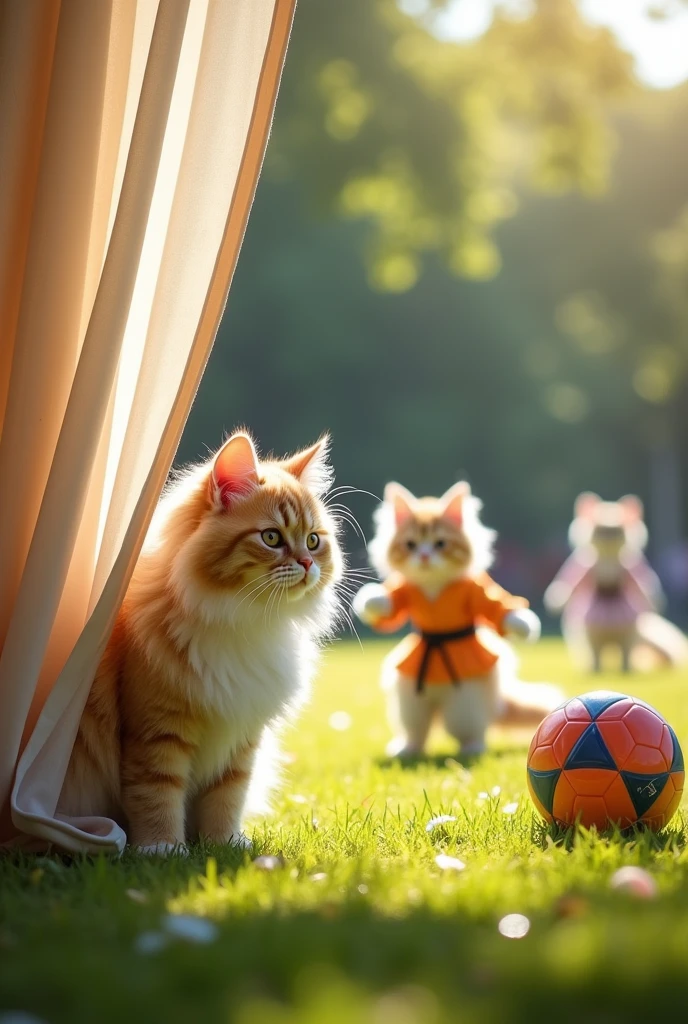 An Angora cat playing hide and seek with another cat behind a curtain A group of Angora cats are playing football in the park, with a cat as a goalkeeper An Angora cat wearing a karate uniform, practicing martial arts A fun-loving Angora cat riding a surfboard on a city street An Angora cat dancing in front of a mirror, wearing a tutu and ballet shoes An Angora cat on the beach, building sand castles with its little paws A curious Angora cat explores the library, sitting on a pile of books An Angora cat is sitting in front of a piano, playing classical songs with full concentration.

An Angora cat paints on a canvas with a small brush, create a masterpiece.

An Angora cat is flying a kite in an open field on a sunny day..

An Angora cat at the carnival, compete to win prizes in a ring toss game.

A happy Angora cat rides a merry-go-round while holding on to a pole.

An Angora cat sits in a comfortable chair near the fireplace., reading a storybook An Angora cat sitting at a cafe table, sipping a small cup of coffee