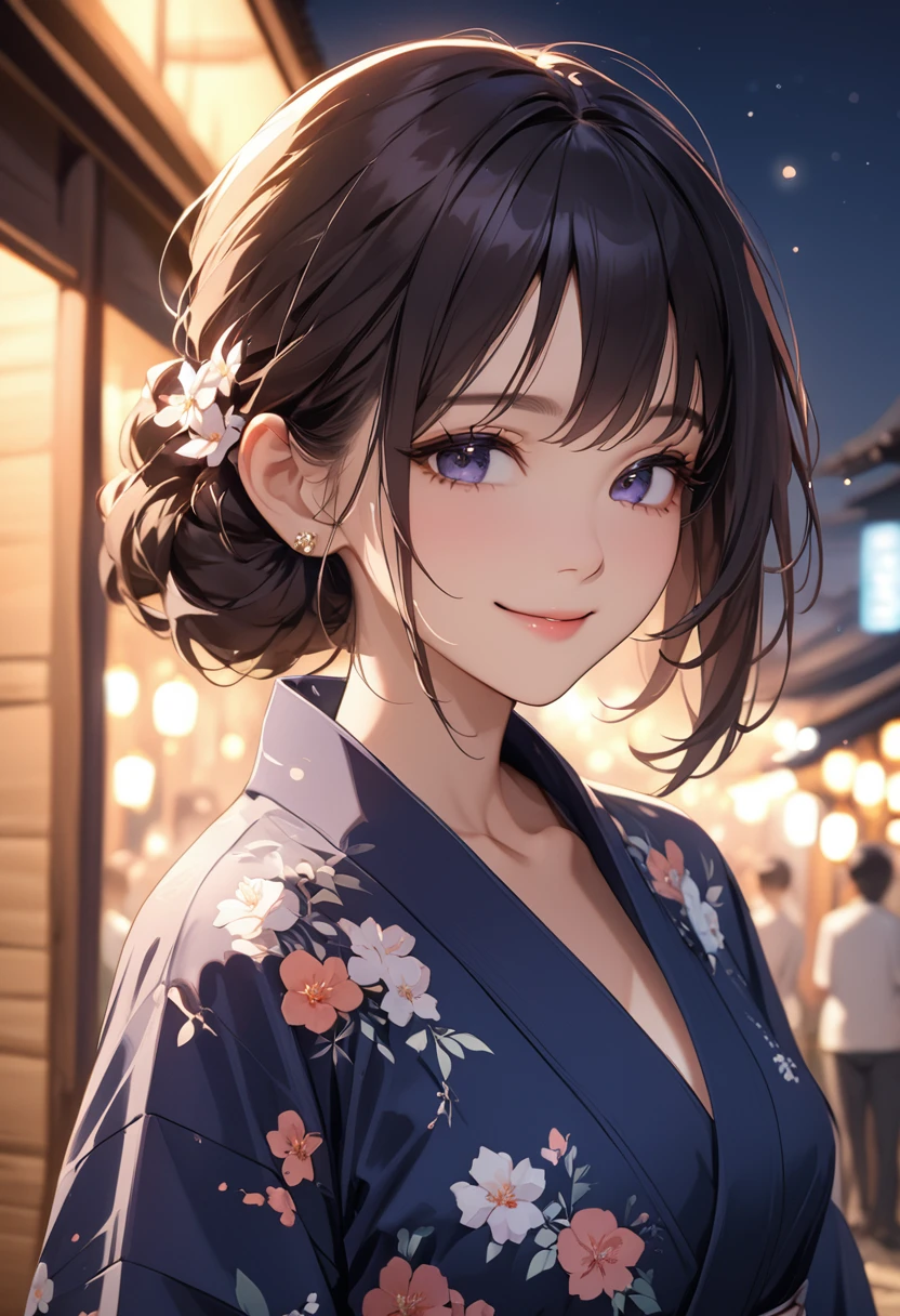 (masterpiece:1.5),(Beat quality),(high res),1girl solo,beautiful face,smile,upper body,Yukata Woman,Firefly riverside at night