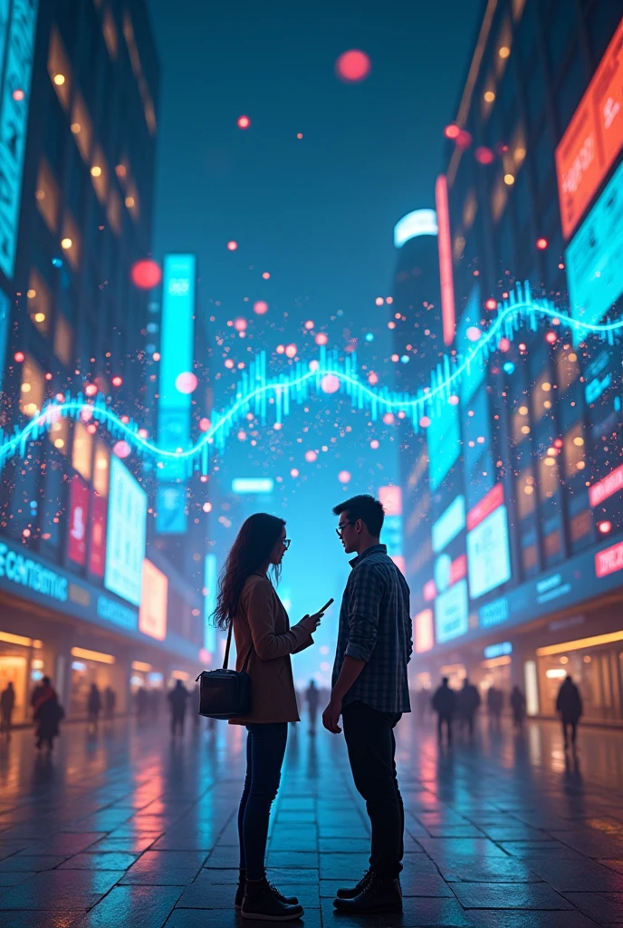 Represent the study of the economic cycle of a country with large futuristic-style graphs with a young couple