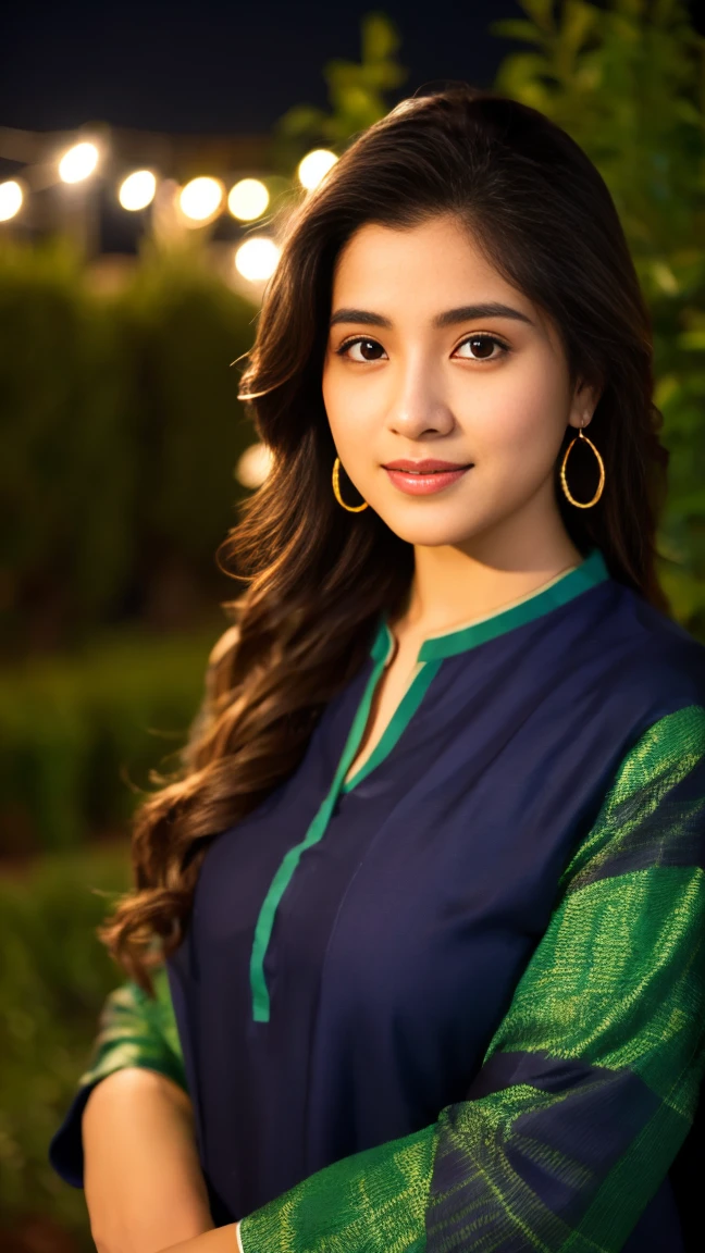 masterpiece, Highest quality, Pakistani girl) Curvy girl ,(beautiful face , nightscape, proud face, sexy , clossal body ,wearing black Manhish Malhotra shalwar kameez at her home garden