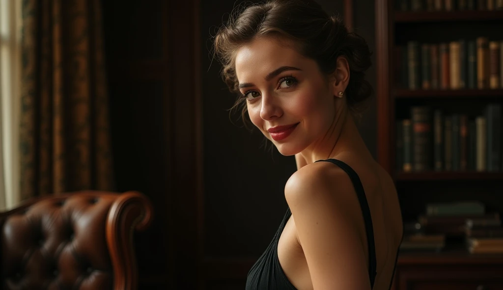 (close-up, editorial photograph of a 20 yo woman from the 1940's), (highly detailed face:1.4) (smile:0.7) (background inside dark, moody, private study:1.3) POV, by lee jeffries, nikon d850, film stock photograph ,4 kodak portra 400 ,camera f1.6 lens ,rich colors ,hyper realistic ,lifelike texture, dramatic lighting , cinestill 800,(sensual black bikini on the beach, back position showing her hips for the photo)