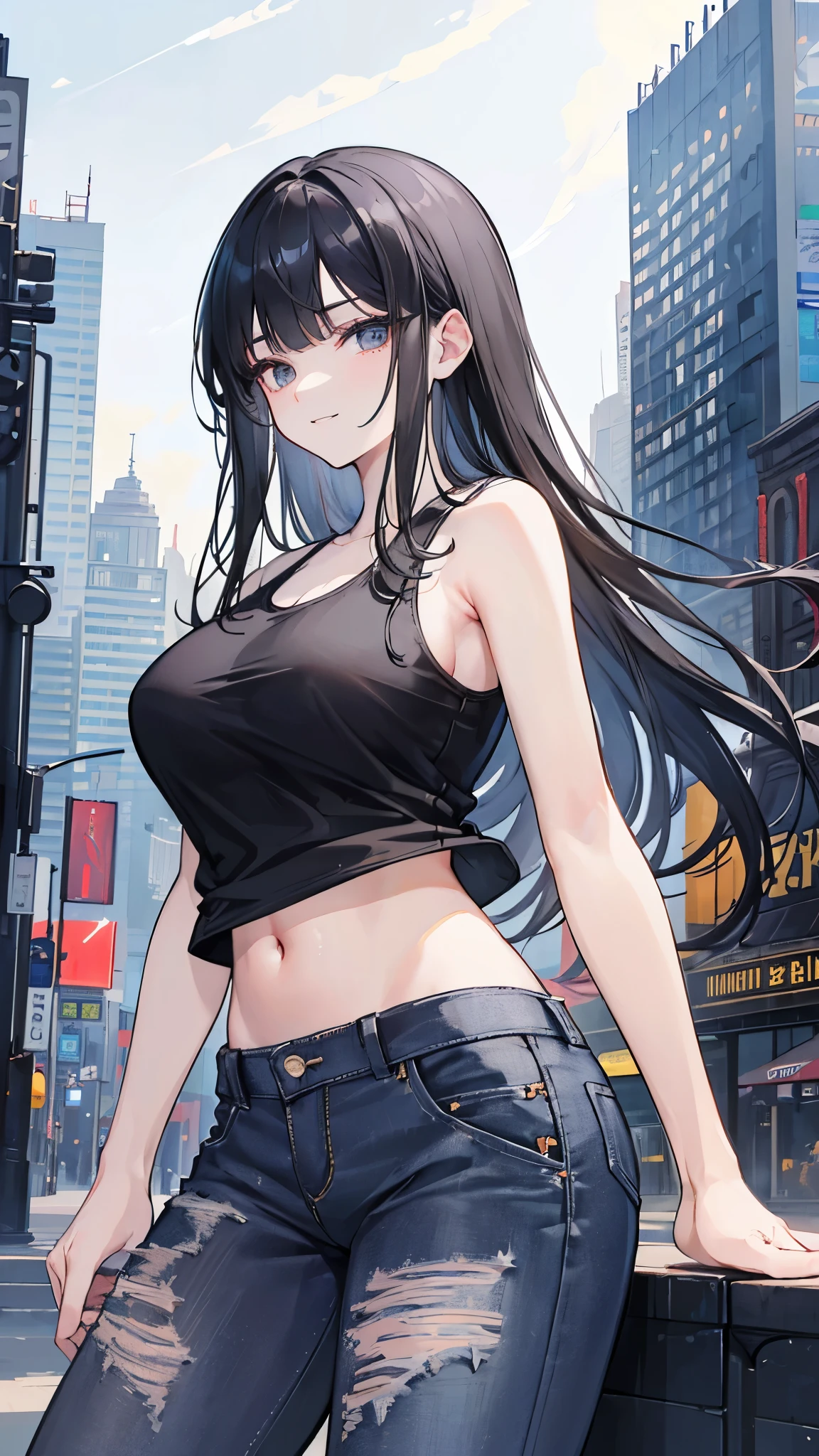 ((masterpiece, highest quality:1.3)),cowboy shot,20 year old beauty,solo,((very small head)),dark blue hair,long hair,black eyes,blunt bangs,medium breasts,((long body,slender body)),skinny,shiny skin,oily skin,smile,,Black tight tank top、Navel exposed、Black leather micro mini shorts、gunbelt,Equipped with a handgun、standing,on street、Ruined Tokyo、End of the World、