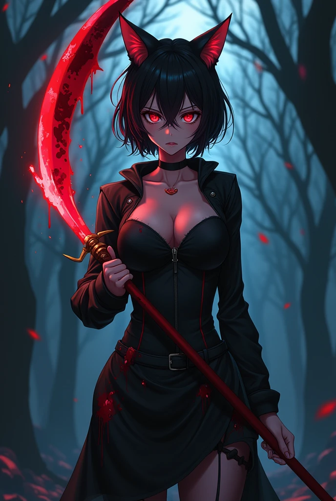 Adult girl, 21-year-old carrying a blood-stained scythe. Red eyes, short black hair, cat ears. Wearing a black jacket splattered with blood, big breasts anime style