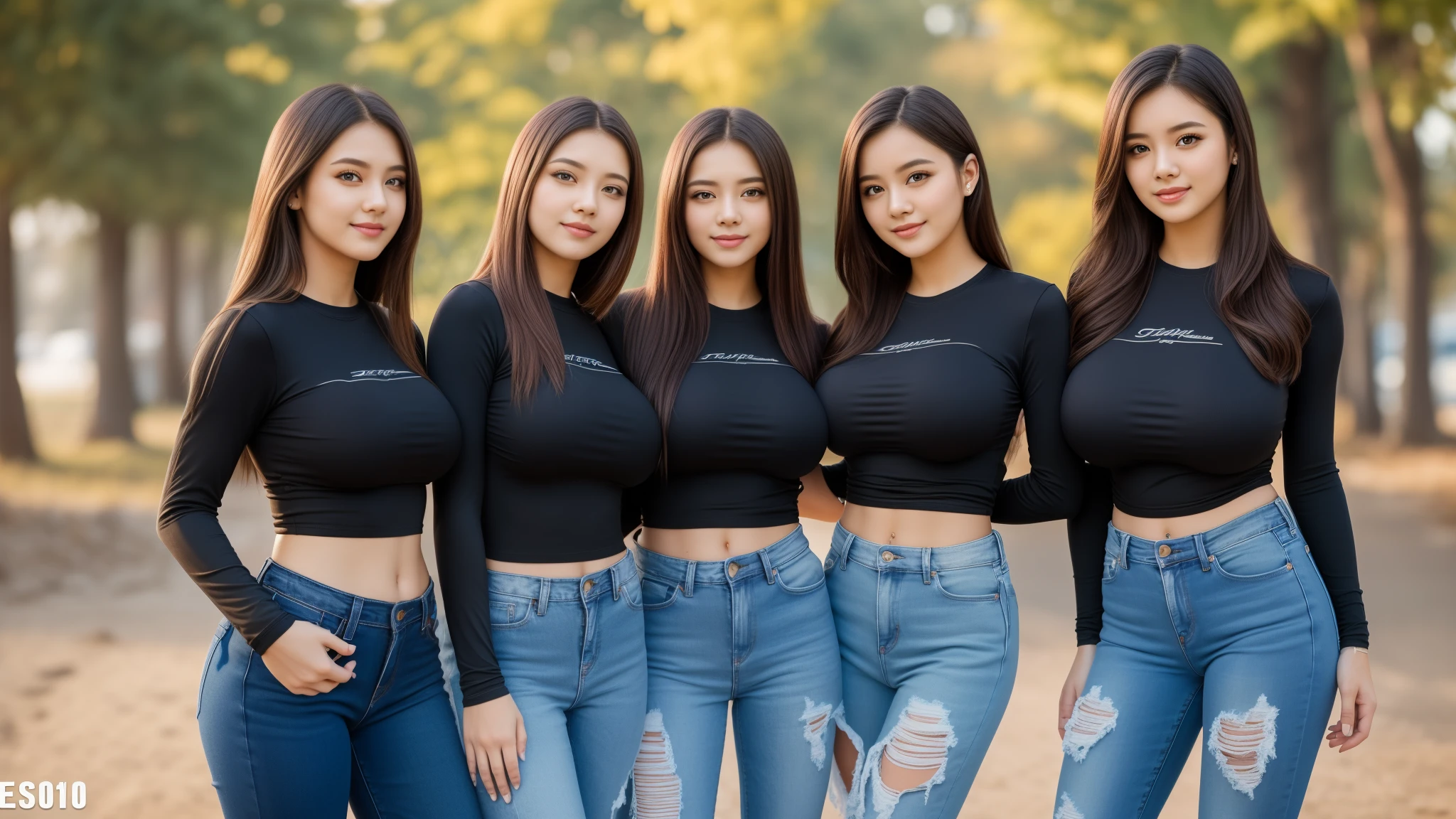 tmasterpiece,best qualtiy,hdr, hyper HD, 8K,Bokeh,Ultra-fine painting,Sharp focus,Physically-based rendering,Extreme detail description, (EOS R8, 50 millimeters, F1.2, 8K, RAW photo:1.2), full bodyshot, looking at viewer, (big breasts:1.3), sexy smile, random hairstyles, Three_females, 18_years_old, tight ripped jeans, tight top, side_boob, outside, 3women, 3girls, entire body in frame, tight long sleeve tshirt no logo, faces in frame
