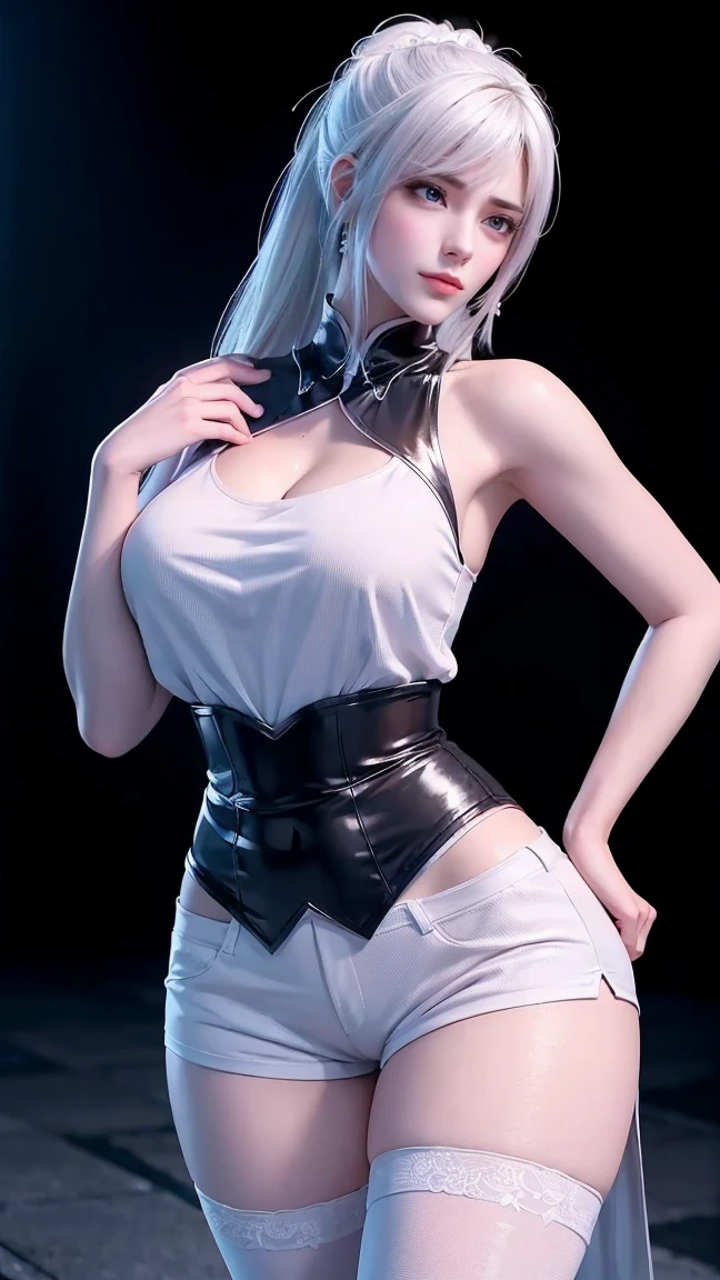 a white hair、Close-up of Miss wearing white mask, Beautiful character painting, Guweiz, Gurwitz-style artwork, White-haired god, author：Yang Jie, Epic and beautiful character art, Stunning character art, author：Fan Qi, by Wuzhun Shifan, pixiv Art Street Guviz, Single ponytail, insult, High Ponytail, Tall and big, Long legs, (sleeveless lace shirt), (shorts), (Striped )), ((Striped )), Walk, elegant, dignified, Miss, Beautiful curves, sweet smile, Strong sense of detail and layering, colour丰富绚丽, Has a unique texture, rich and colourful, colour, vivid, Design Art, 16K, Super detailed, {{illustration}}, {Extremely refined}, {Exquisite surface treatment}, Super detailed, Delicate and shining eyes, {{Light}}, Ultimate light effect, model: Realism, CFG size: 12, Laura: Bright texture (1.35), high quality, masterpiece, Exquisite facial features, Delicate hair depiction, Detailed depiction of the eyes, masterpiece, best quality, Light line tracing, Extremely detailed CG unified 8k wallpaper, masterpiece, best quality, (1 girl), Perfect Miss Body, (((tight white t shirt))), beautiful eyes, (Delicate face), Black short hair, Tie your hair up, Light blue hairpin, Black silk frame glasses, in class, (White skin), (Optimal Lighting), (Super intricate details), 4k unity, (Super detailed CG), Showing off her white legs, , Hot Pants, shorts,Sexy Long Legs, Thin waist, Sweat drips down my waist, Showing belly, Extremely detailed depiction, Pink Hair, Asymmetrical bangs, Transparent clothes, Hands on thighs, Move your eyes away, 8k resolution, Raise an eyebrow, shiny hair, Flower head, Wristbands, bandage