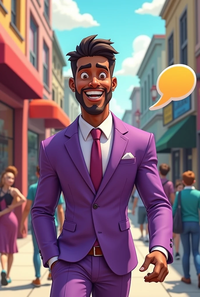 Cartoon male character with brown skin, no beard, wearing a purple suit 
