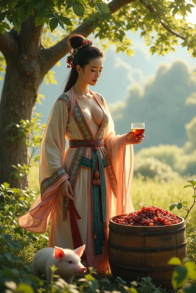 A beautiful woman with huge breasts and cleavage in ancient Han Dynasty clothes makes wine and raises pigs in the countryside