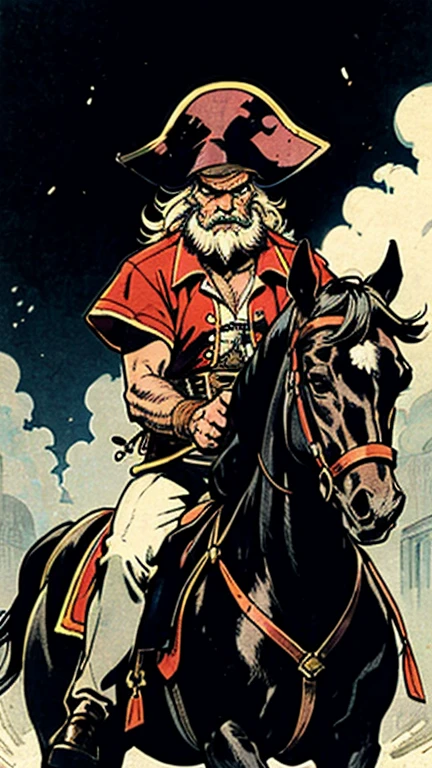 Create a retro image, cartoon drawing ,few colors, HQ , of an old baron, vicious, with scar on his face, black pirate hat , red blouse, white bearded, riding on a horse.