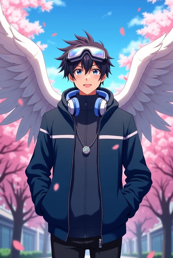 Smart handsome student anime add headphone add v locket add wings add jocket add Gogles