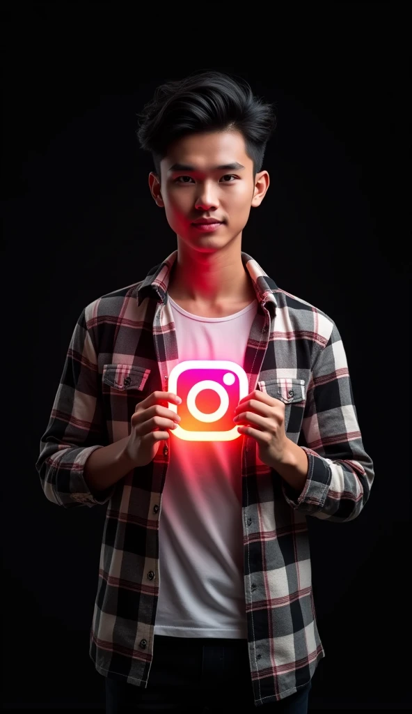 logo 3D, a handsome 25-year-old youth,With black hair, wearing a checkered shirt and t-shirt, holding a glowing Instagram logo, underneath is the text “Kon Murshid ?” Indonesian text with perfect spelling, hyperrealistic, black background