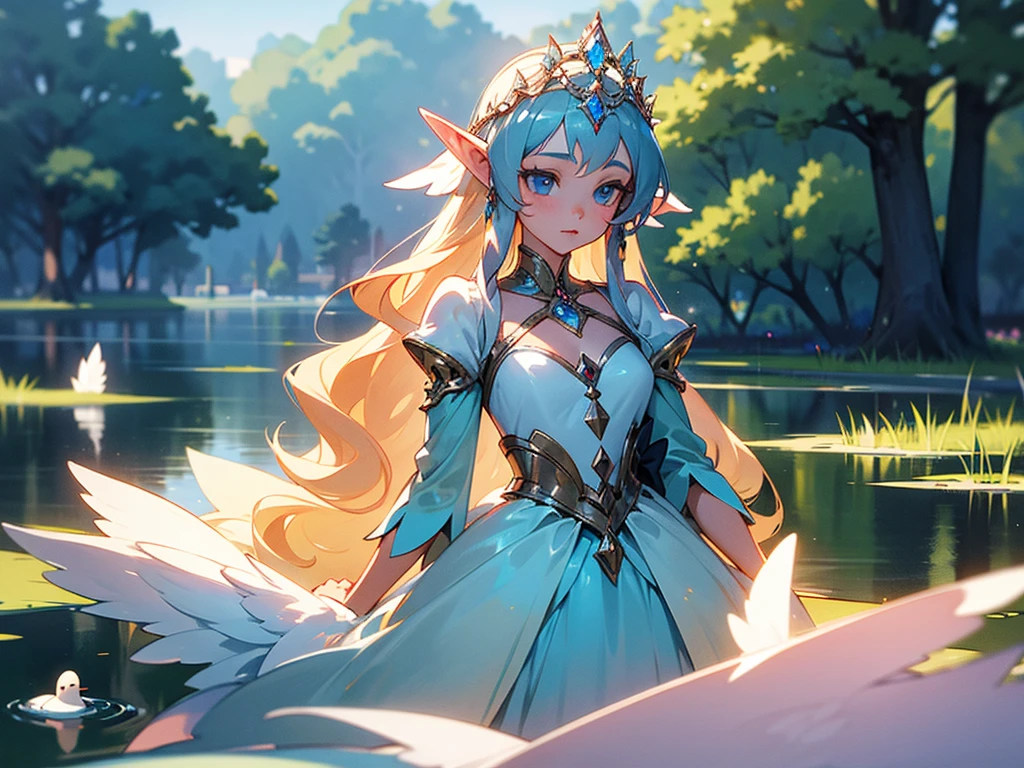 there is a 15 year old girl with a princess tiara standing in a park, there is a pond in the park with ducks swimming, a well-wooded park, wearing tiara fractal de cristal, beautiful languid princess, a striking young ethereal figure, wearing tiara, ultra realistic fantasy tiara, girl with super long hair, very beautiful elven top model, beautiful female princess, With long hair, beautiful princess, beautiful young, beautiful young modelo, young goddess