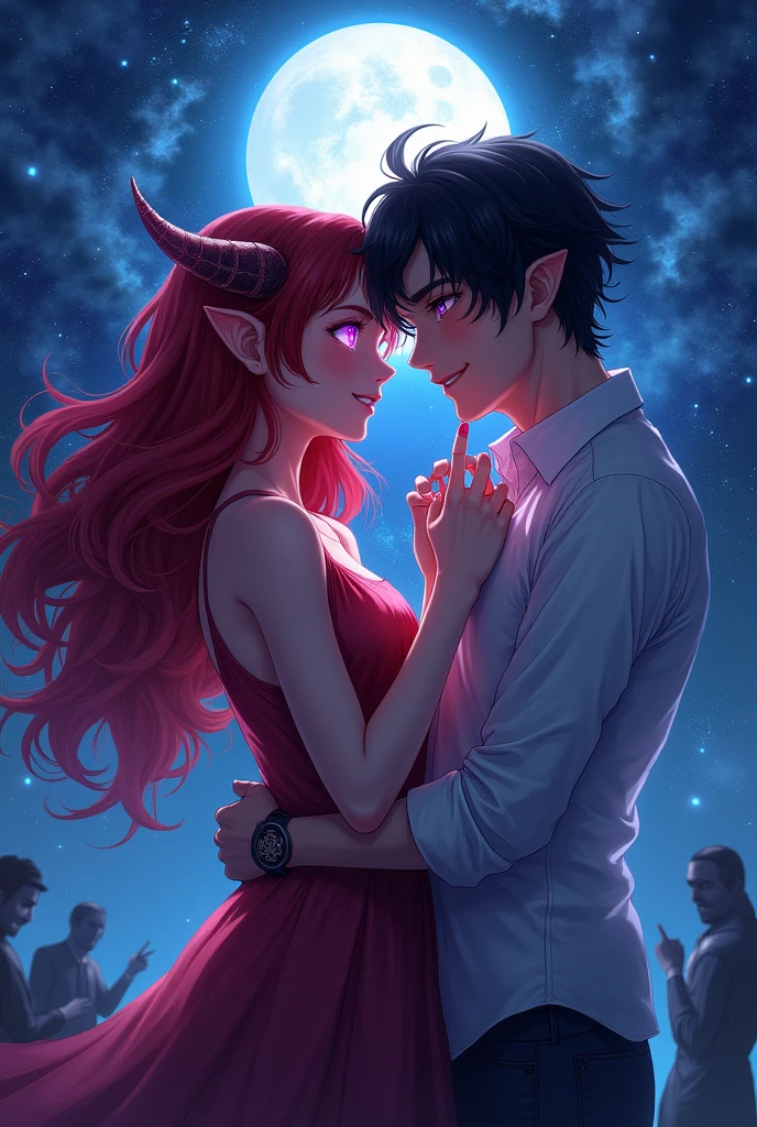 Anime demon girl and charismatic man passionate couple representing a quote "his love roared louder than her demons"