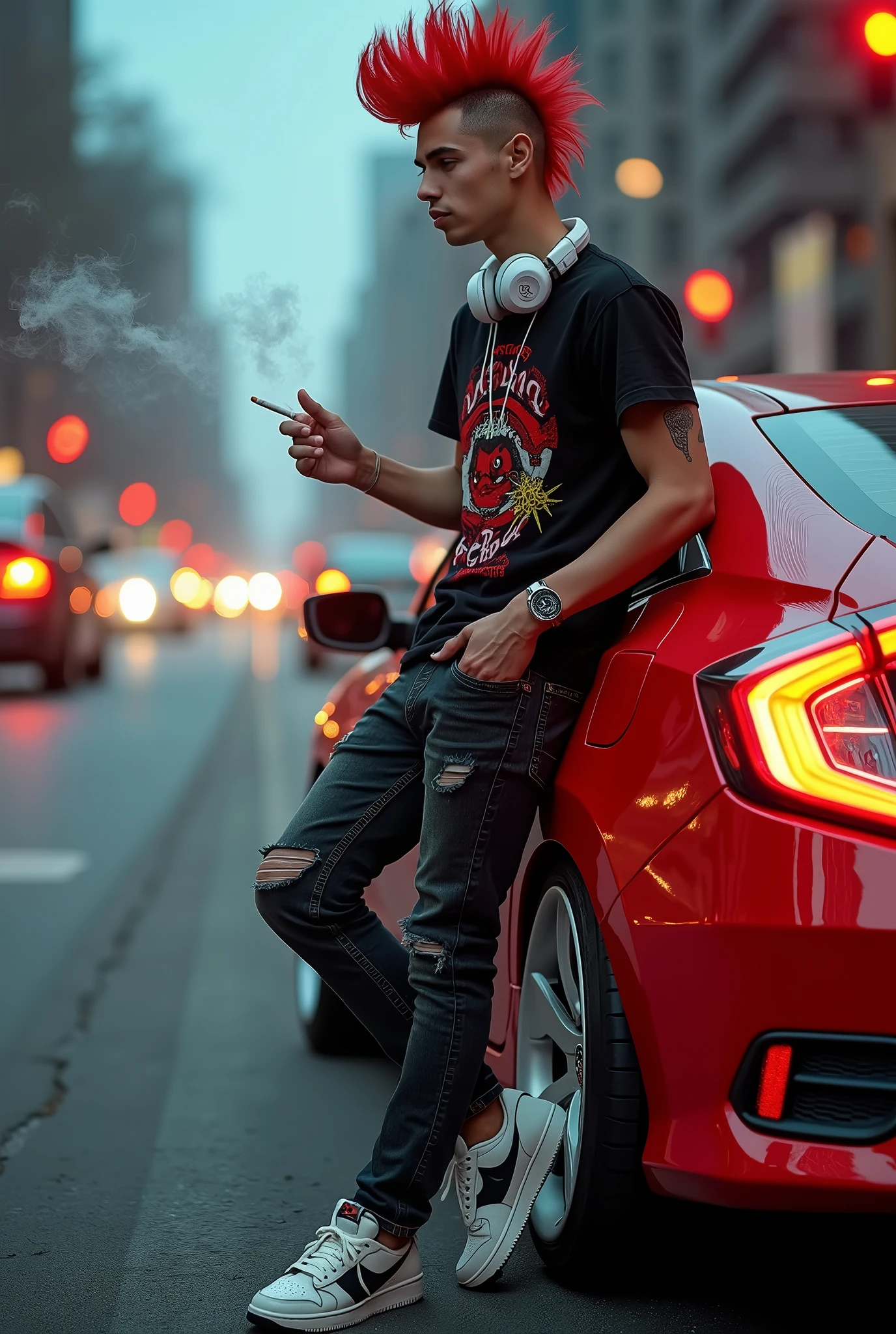 a boy with name NICHI, sitting on a car HONDA NSX R, a boy cigarette smoking, realistic artstyle, realism artstyle, photorealistic artstyle, photorealistic!!!!!!! art style, [ 4 k digital art ]!!, dark but detailed digital art 