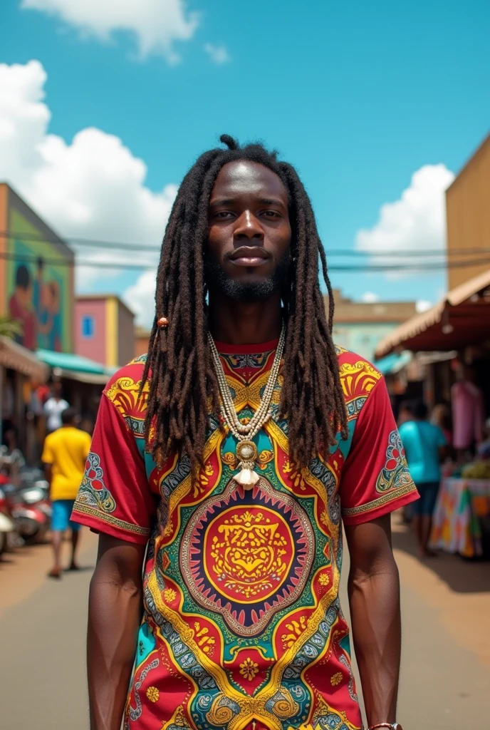 A man who wears a "zah gasy" t-shirt, who has hair in dreadlocks