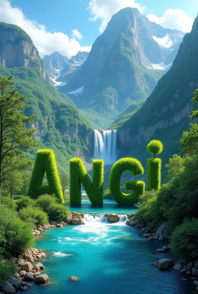 landscape of a mountain with waterfalss and a blue river flowing,in the middle there is a green grass forming the worlds "ANGGI" seen above