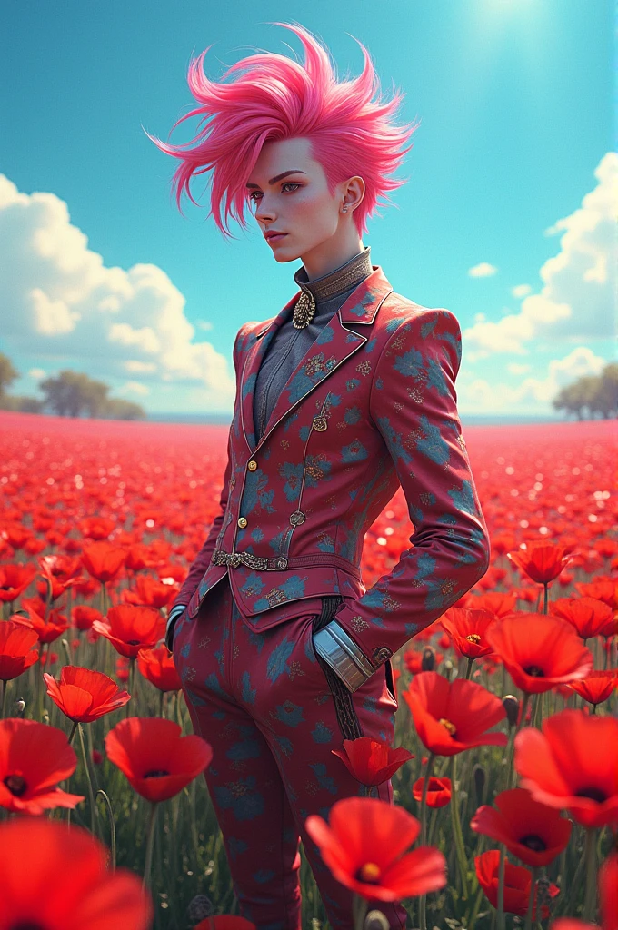Hisoka morrow In middle of field of red flower doing pose