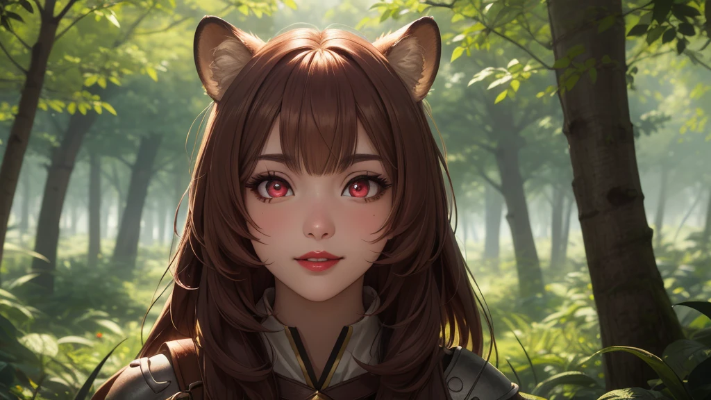 Masterpiece, best quality, 8K Wallpaper, HDR, octane rendering. Raphtalia, attractive 18 year old girl, brown hair, fair skin. raccoon ears, wearing adventurer outfit, fantasy style, forest background, selfie. (Beautiful and detailed face with perfect symmetry), (Beautiful and detailed red eyes: 1.3), (bright lips, slender smile), (body with perfect anatomy, perfect natural texture, high details, glowing skin), cinematic lighting, vivid colors , detailed illustration, depth of field.
