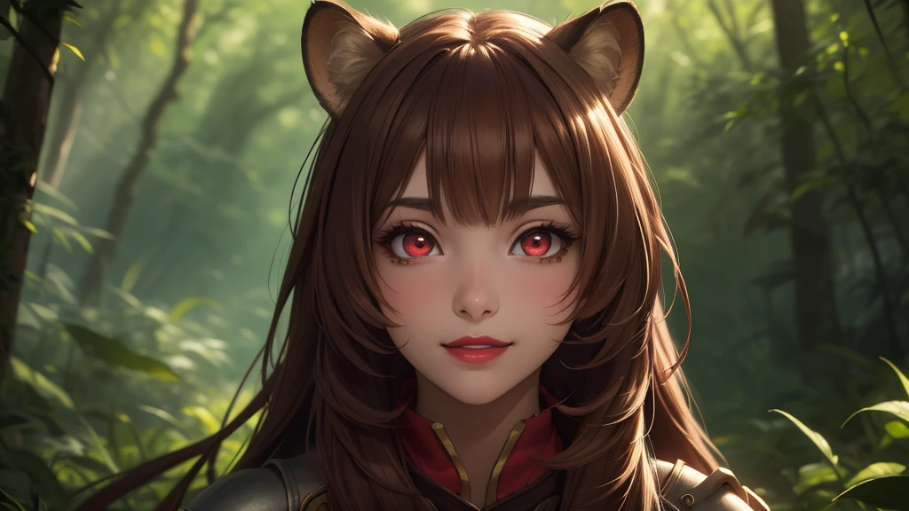 Masterpiece, best quality, 8K Wallpaper, HDR, octane rendering. Raphtalia, attractive 18 year old girl, brown hair, fair skin. raccoon ears, wearing adventurer outfit, fantasy style, forest background, selfie. (Beautiful and detailed face with perfect symmetry), (Beautiful and detailed red eyes: 1.3), (bright lips, slender smile), (body with perfect anatomy, perfect natural texture, high details, glowing skin), cinematic lighting, vivid colors , detailed illustration, depth of field.