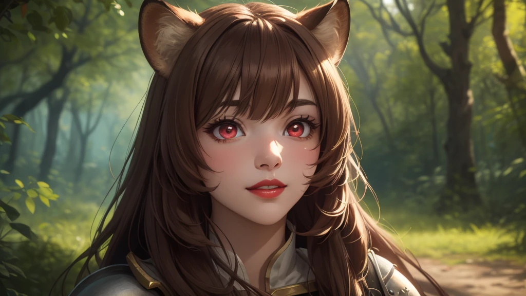 Masterpiece, best quality, 8K Wallpaper, HDR, octane rendering. Raphtalia, attractive 18 year old girl, brown hair, fair skin. raccoon ears, wearing adventurer outfit, fantasy style, forest background, selfie. (Beautiful and detailed face with perfect symmetry), (Beautiful and detailed red eyes: 1.3), (bright lips, slender smile), (body with perfect anatomy, perfect natural texture, high details, glowing skin), cinematic lighting, vivid colors , detailed illustration, depth of field.