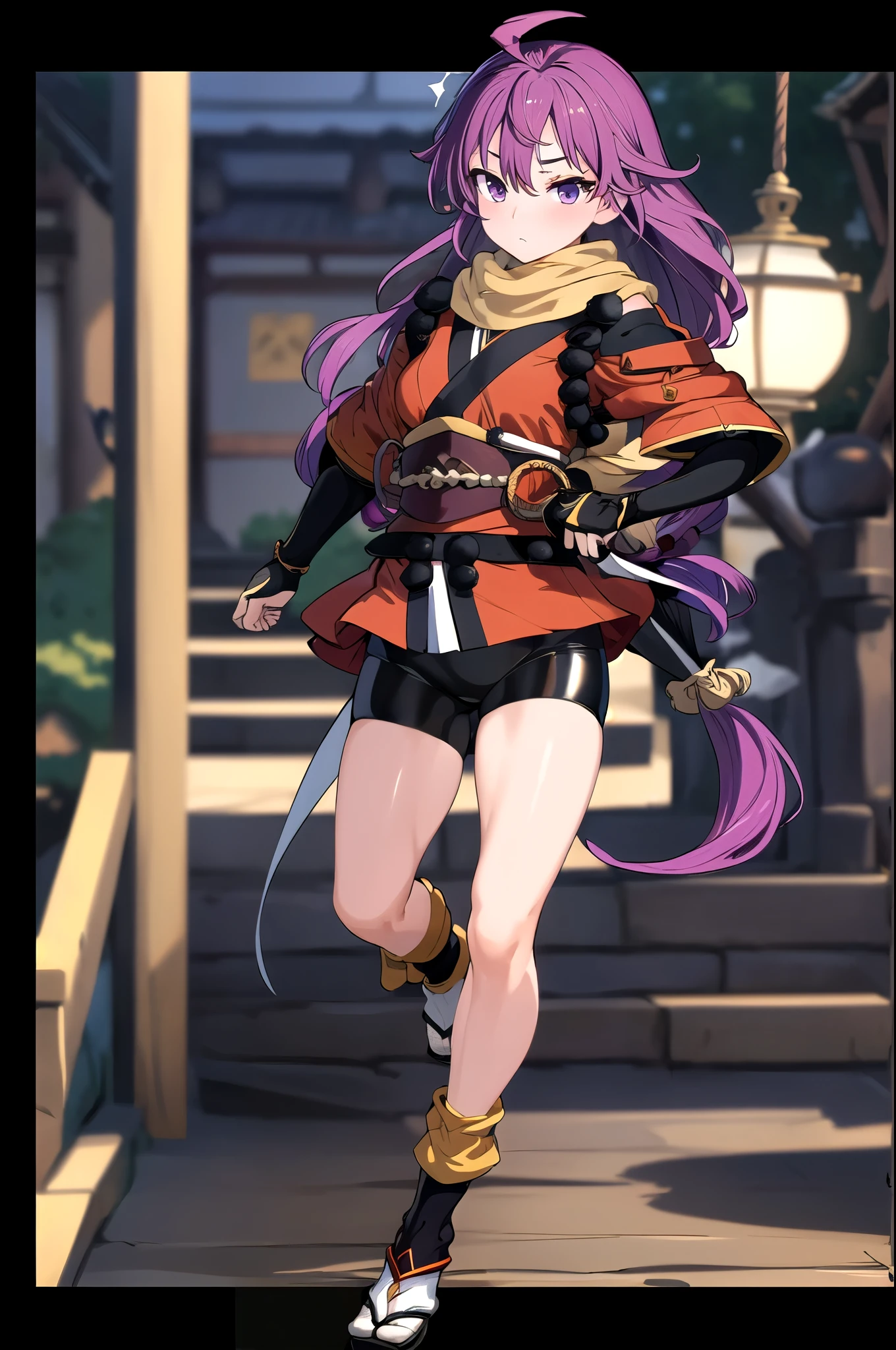 masterpiece, Highest quality, Perfect Face, Highest Resolution, Highest quality,Detailed depiction of the eyes, 8k, 1 person,  View your viewers,Detailed skin, account statement, Combat Stance, Long hair tied low, balck spats(Bike Shorts), scarf, kimono,  village,