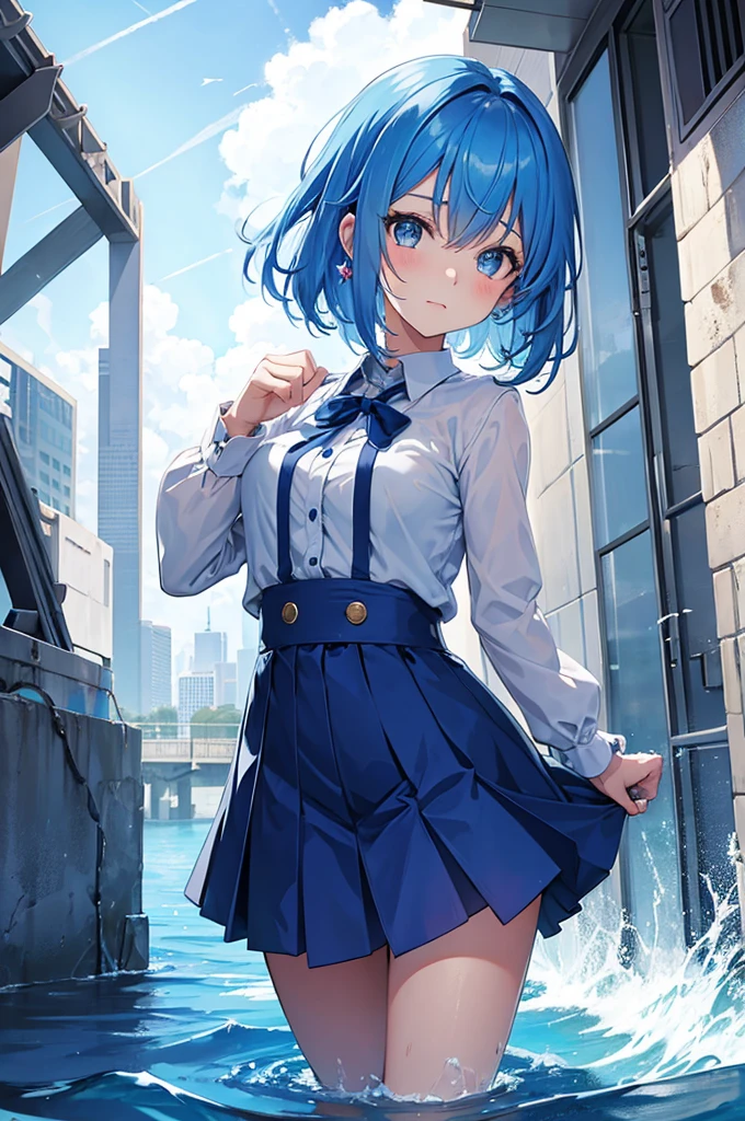 A cute girl with blue hair uses water barrier magic.