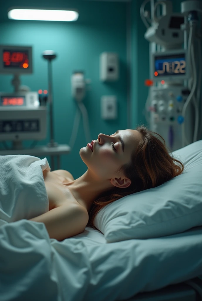 (photorealism:1.2), beautiful woman, brownish blonde hair, laying unconscious, on hospital bed, at night , with life support