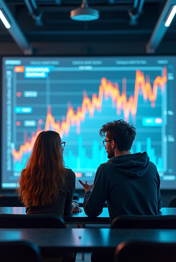 Represent the study of a country's economic cycle with large futuristic-style graphs with a young couple in a classroom