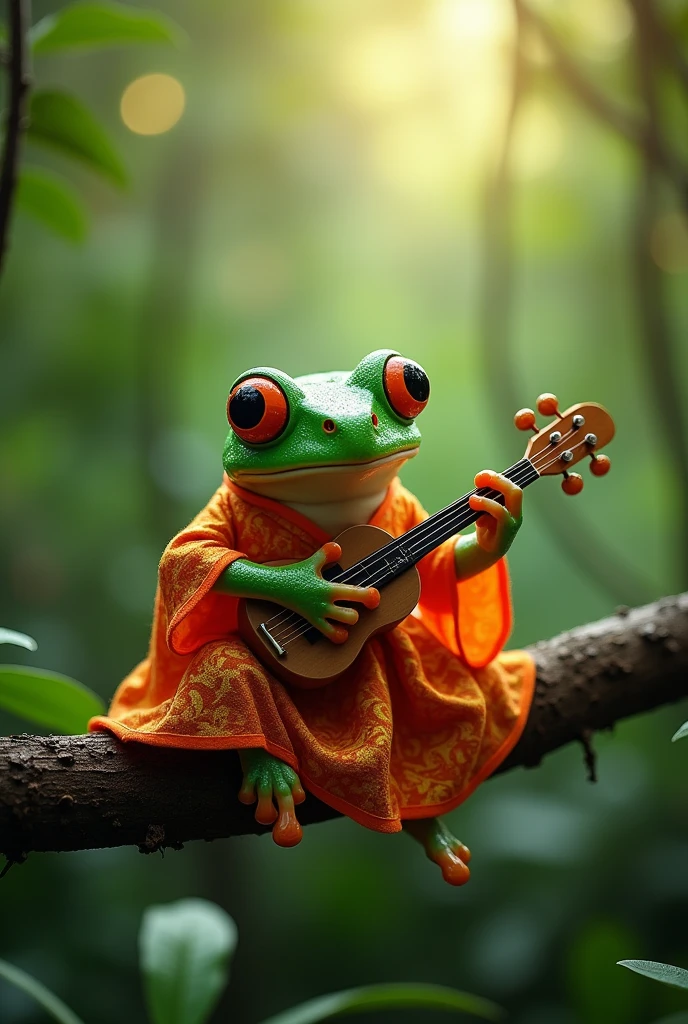 On a branch in the rainforest，Morning dew sparkles，A fat tree frog playing the biwa，The frog is wearing an orange Chinese dress，Ultra-realistic，high resolution，It&#39;s on a branch
