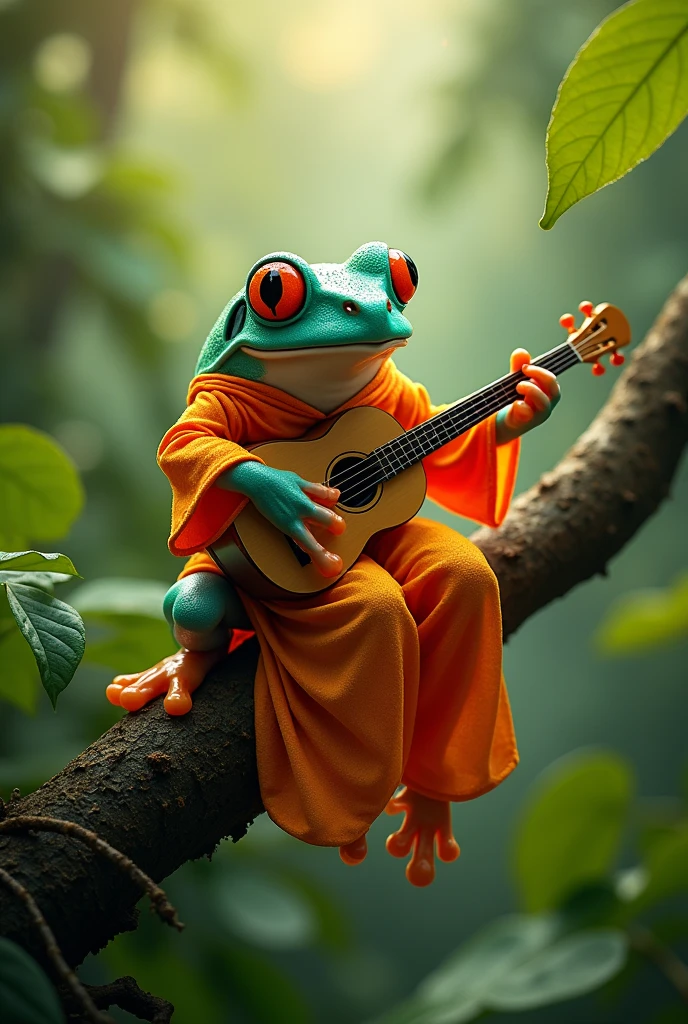 On a branch in the rainforest,Morning dew sparkles,A fat tree frog playing the biwa,The frog is wearing an orange Chinese dress,Ultra-realistic,high resolution,It's on a branch