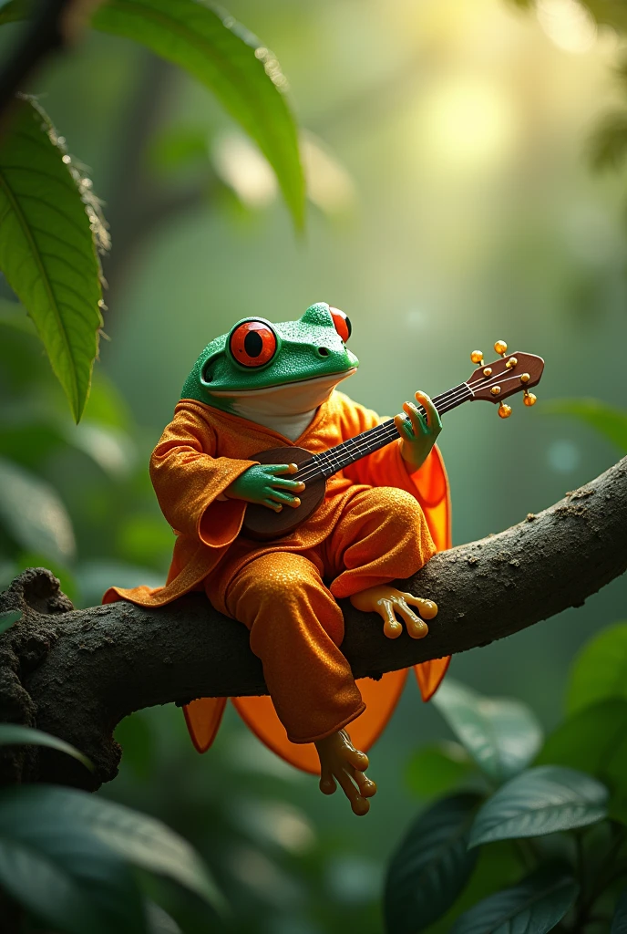 On a branch in the rainforest,Morning dew sparkles,A fat tree frog playing the biwa,The frog is wearing an orange Chinese dress,Ultra-realistic,high resolution,It's on a branch